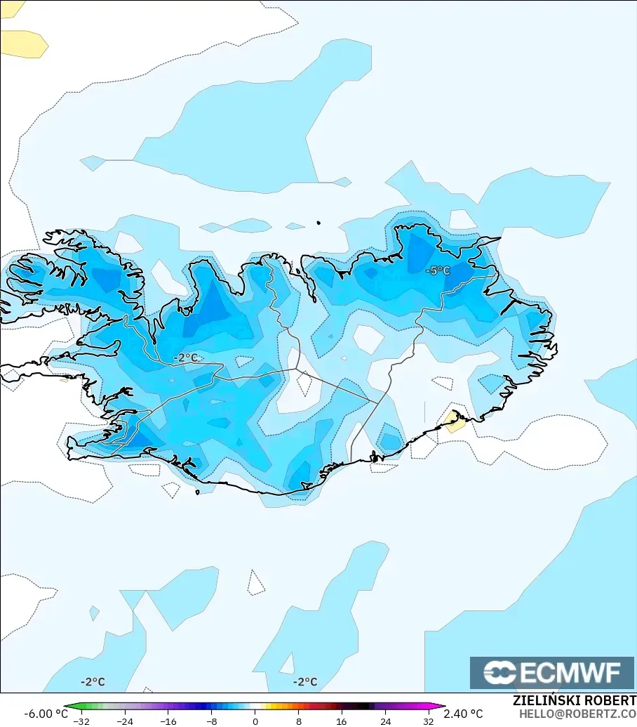 ECMWF IFS 0.25° modelo - Islandia, Anomalía de temperatura a 2 m