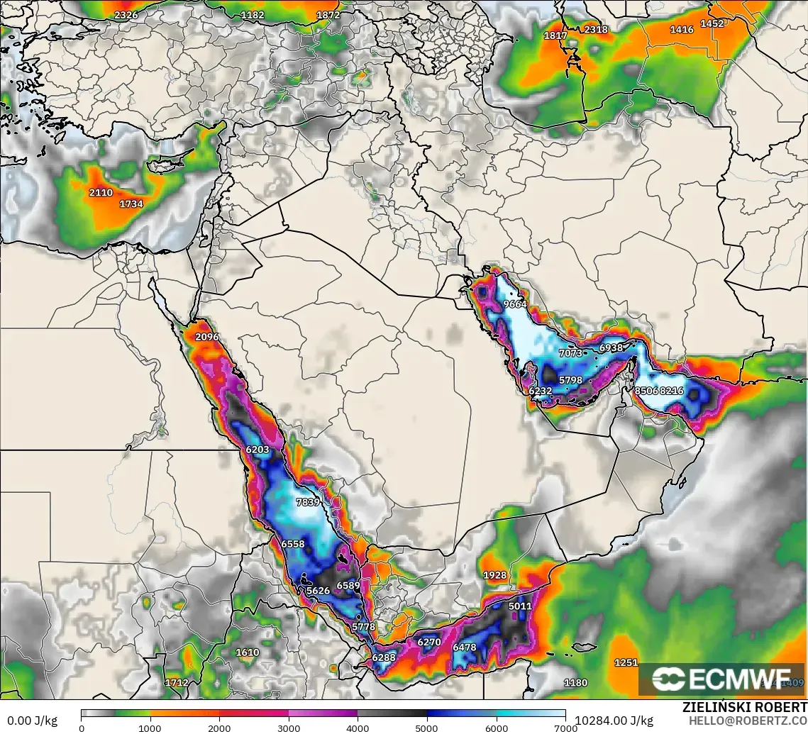 ECMWF IFS 0.25° modelo - Oriente Medio, CAPE