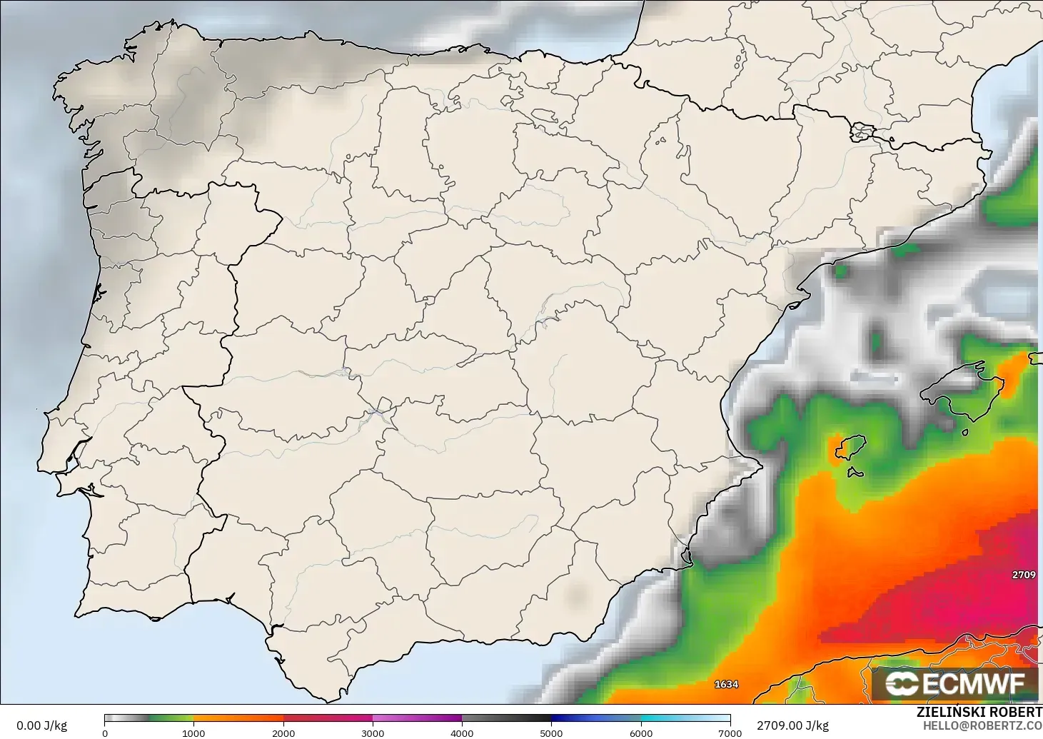 ECMWF IFS 0.25° modelo - España, CAPE