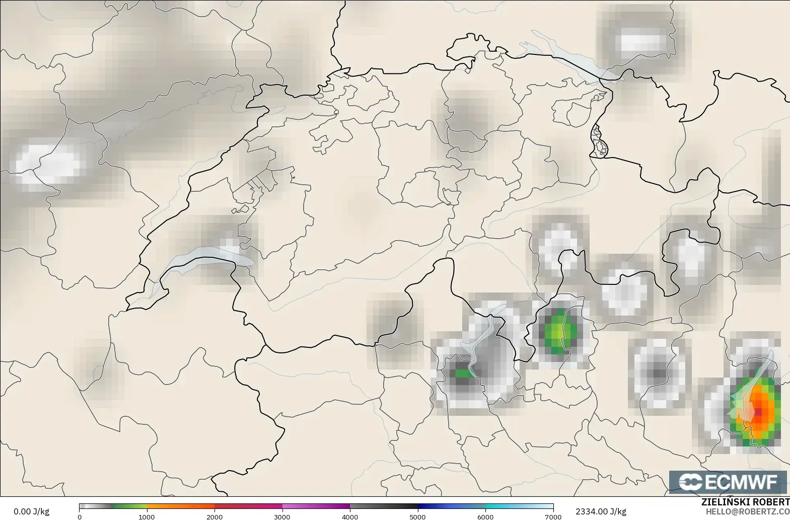 ECMWF IFS 0.25° modelo - Suiza, CAPE