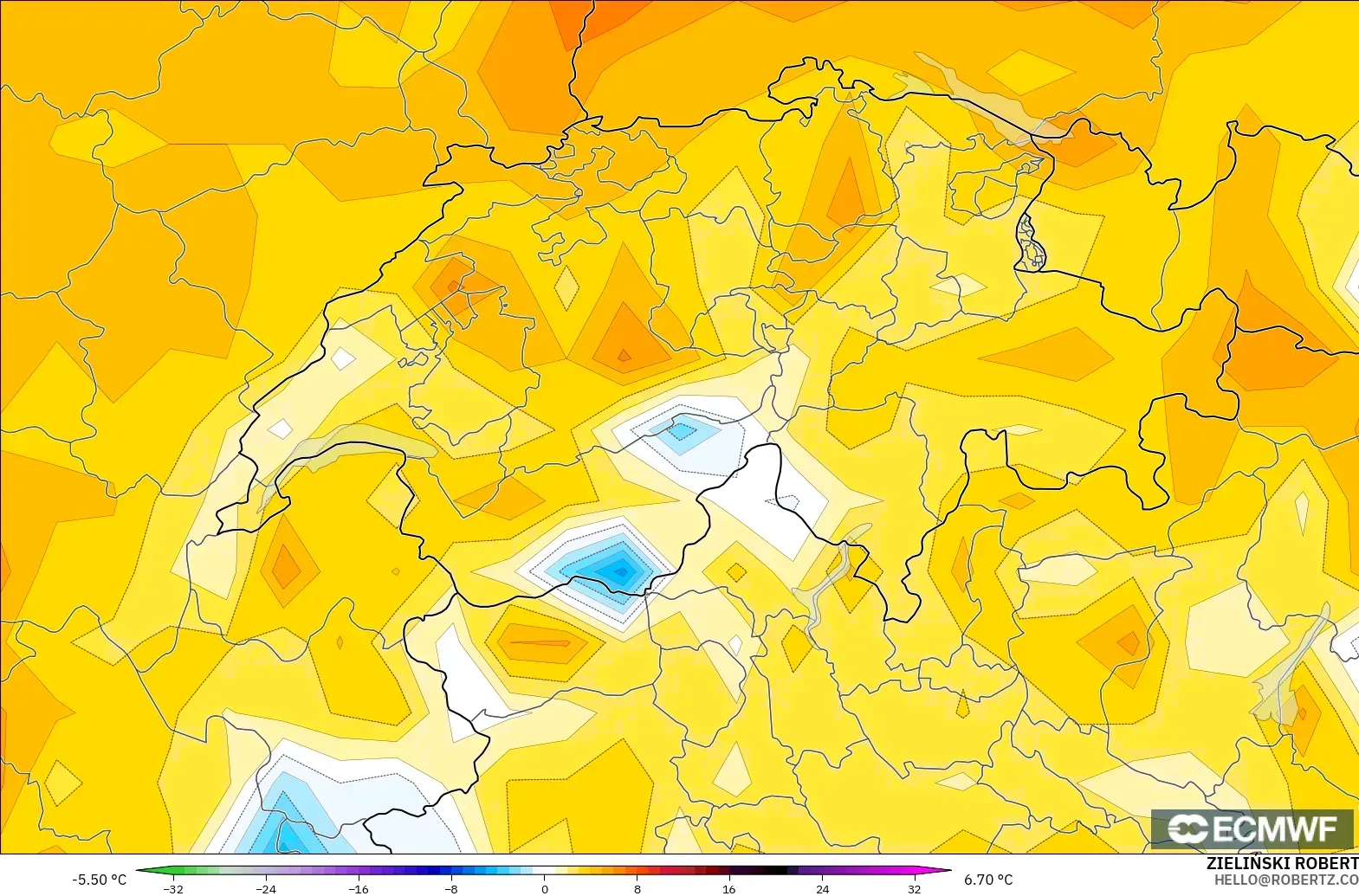 ECMWF IFS 0.25° modelo - Suiza, Anomalía de temperatura a 2 m