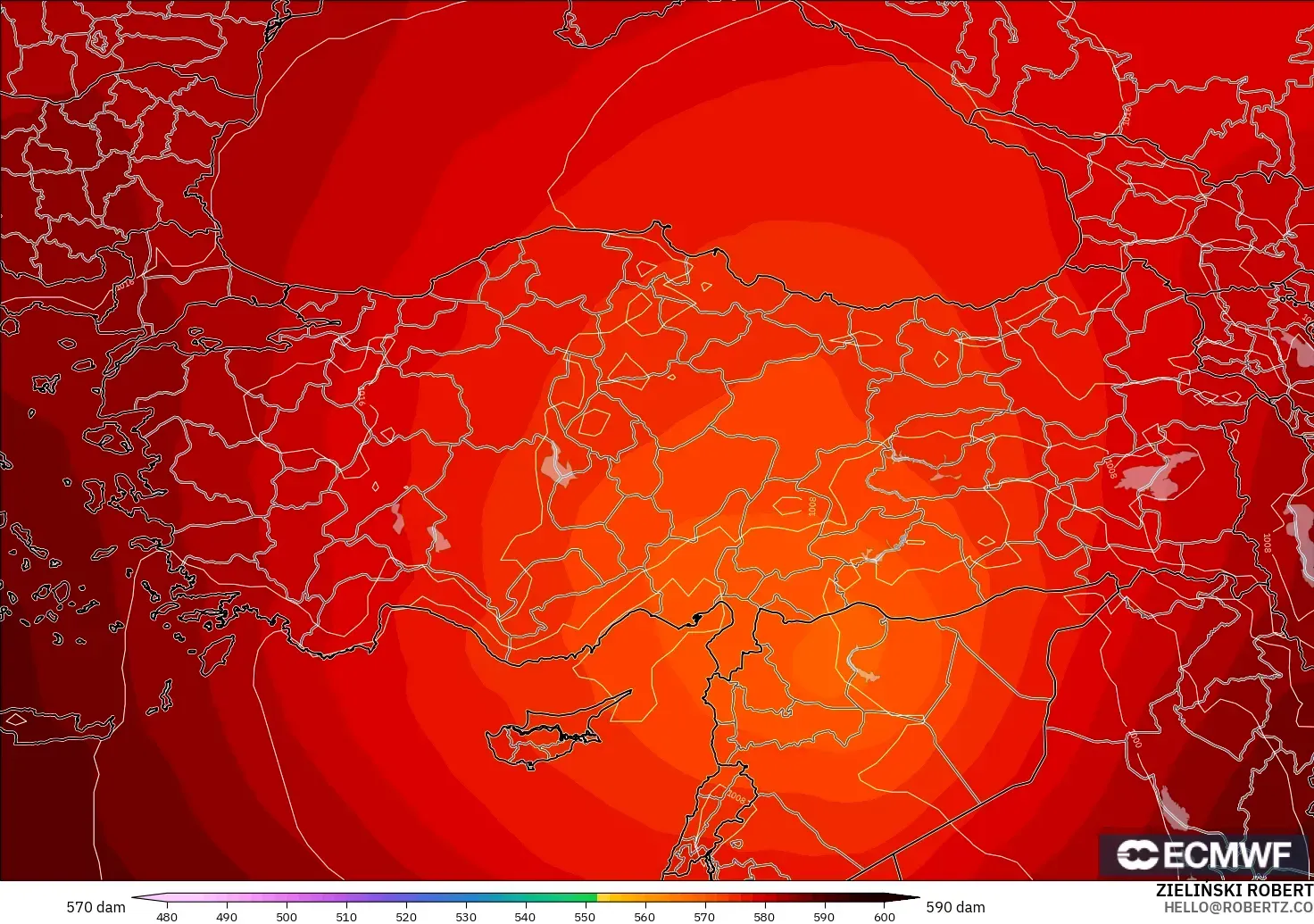 ECMWF IFS 0.25° modelo - Turquía, Altura geopotencial a 500 hPa