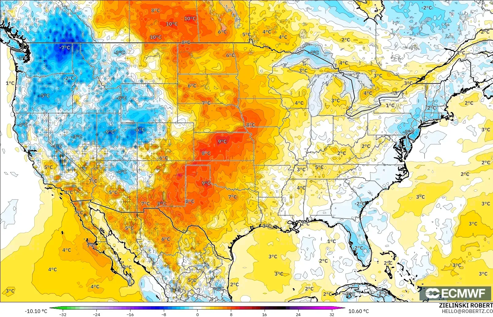 ECMWF IFS 0.25° modelo - Estados Unidos, Anomalía de temperatura a 2 m