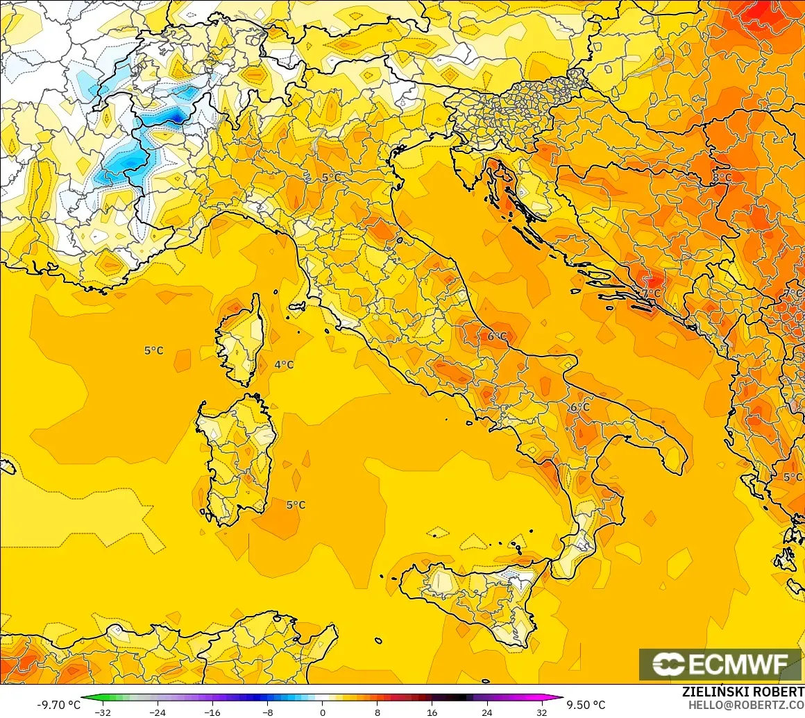 ECMWF IFS 0.25° modelo - Italia, Anomalía de temperatura a 2 m