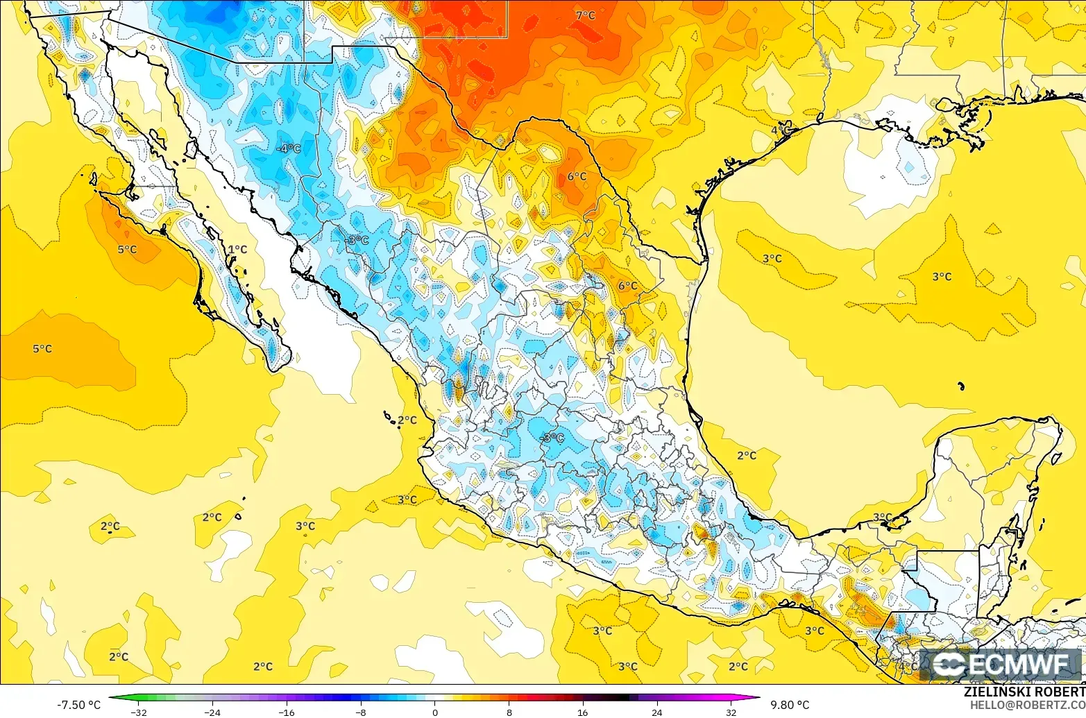 ECMWF IFS 0.25° modelo - México, Anomalía de temperatura a 2 m