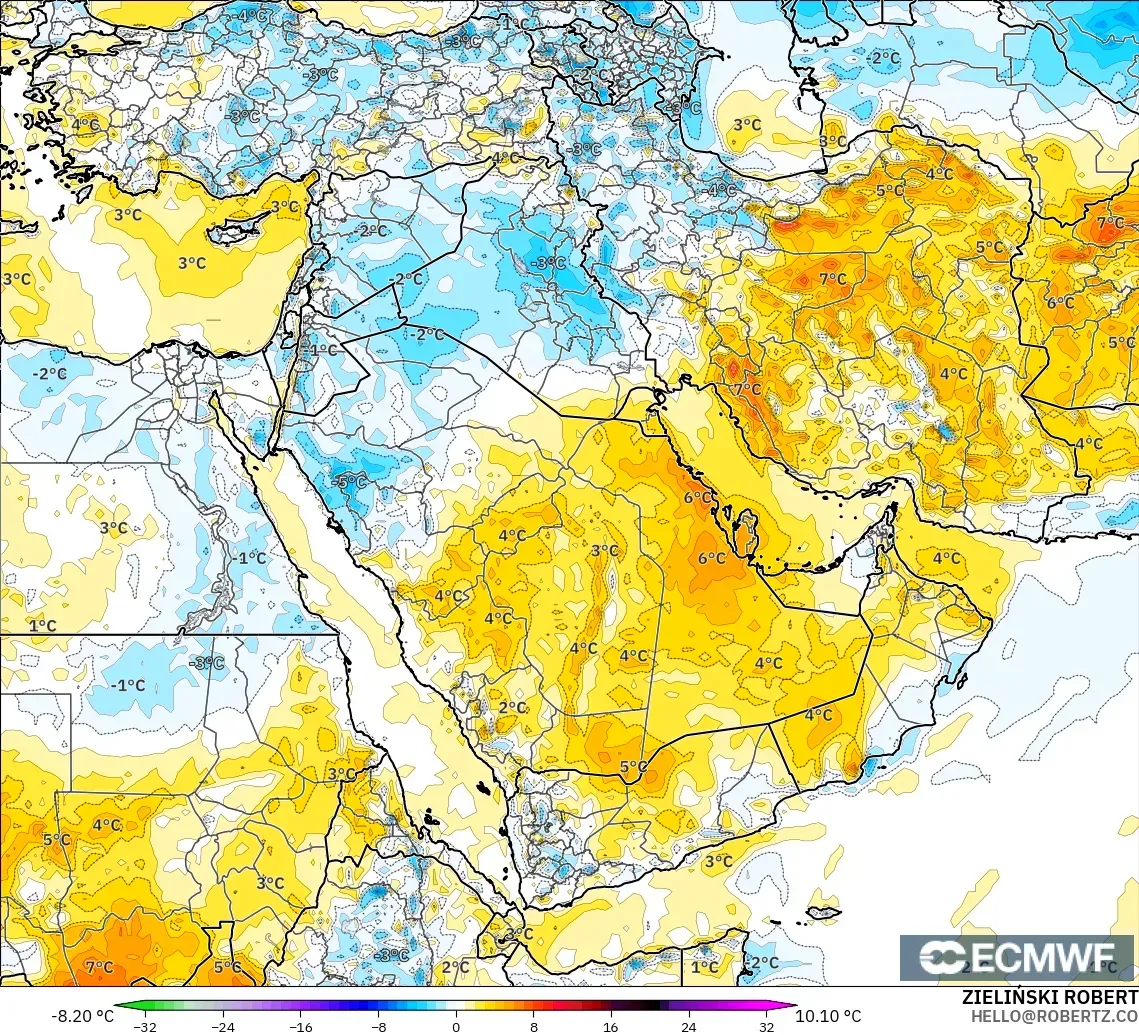 ECMWF IFS 0.25° modelo - Oriente Medio, Anomalía de temperatura a 2 m