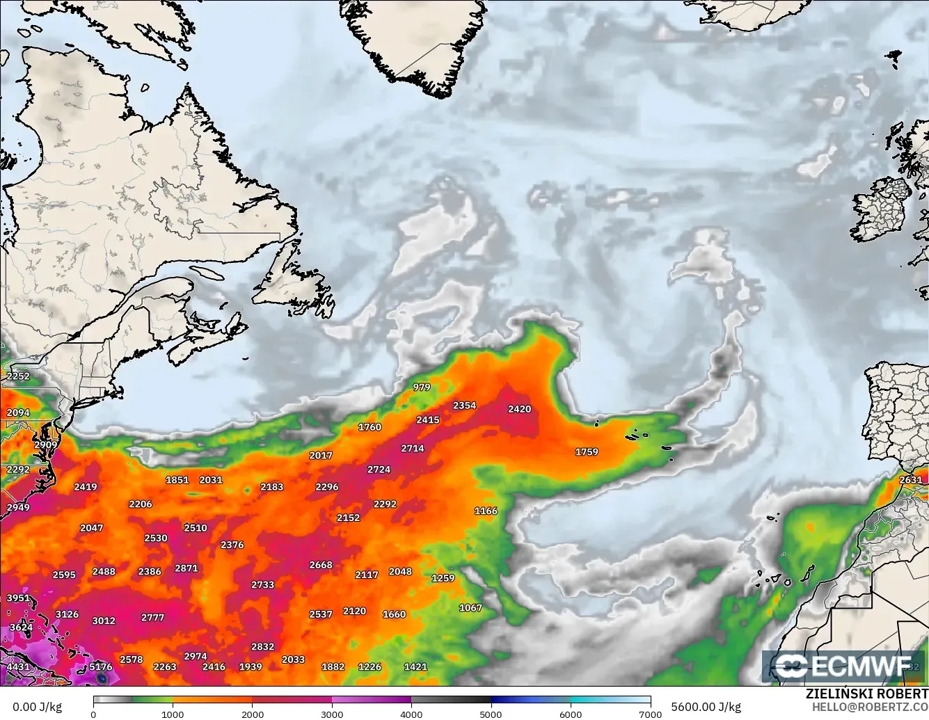 ECMWF IFS 0.25° modelo - Norte Atlántico, CAPE