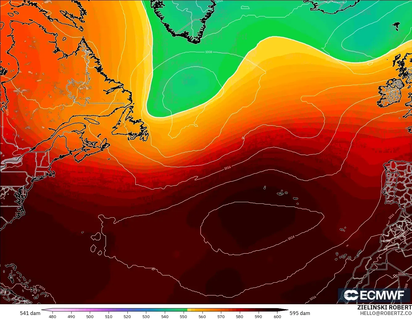 ECMWF IFS 0.25° modelo - Norte Atlántico, Altura geopotencial a 500 hPa
