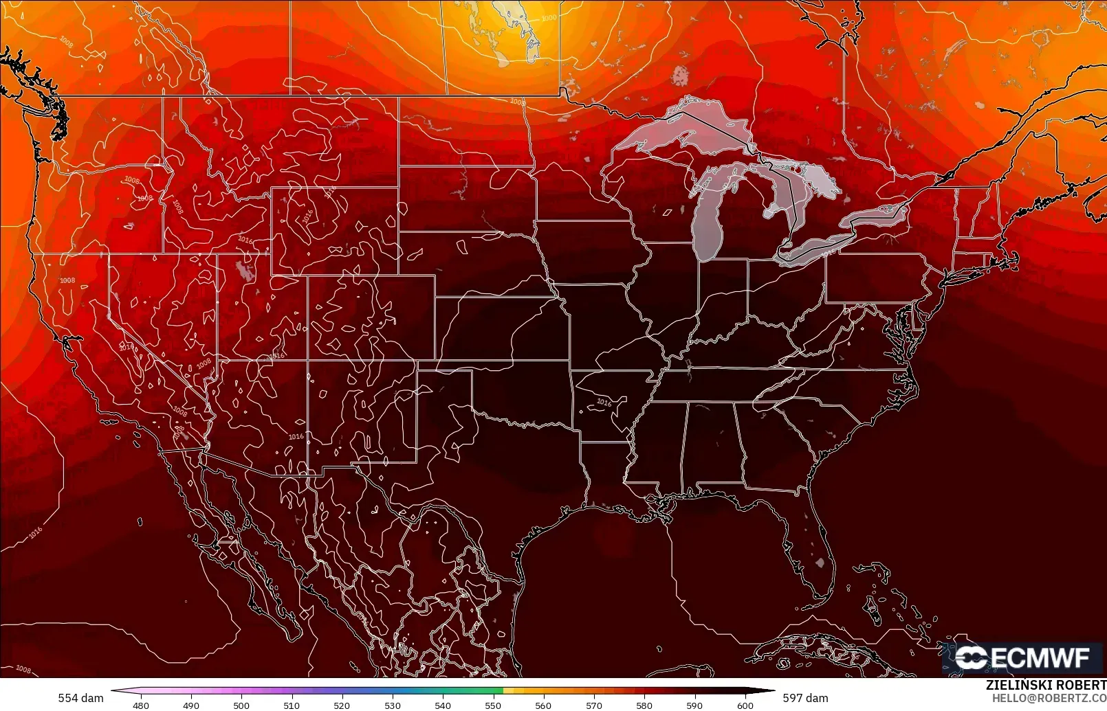 ECMWF IFS 0.25° modelo - Estados Unidos, Altura geopotencial a 500 hPa
