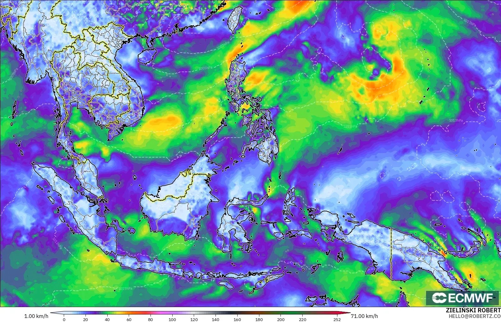 ECMWF IFS 0.25° modelo - Sudeste Asiático, Ráfagas de viento
