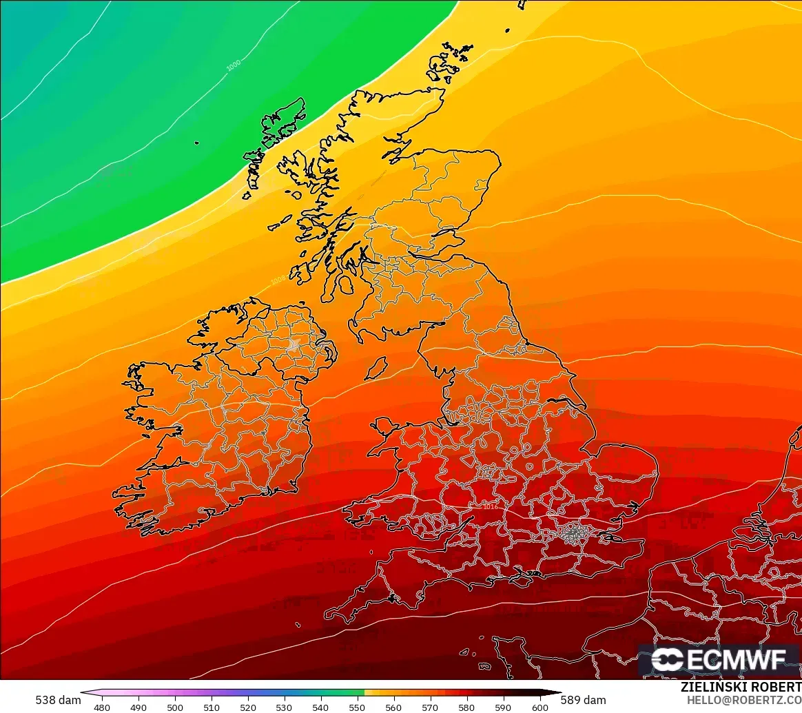 ECMWF IFS 0.25° modelo - Reino Unido, Altura geopotencial a 500 hPa