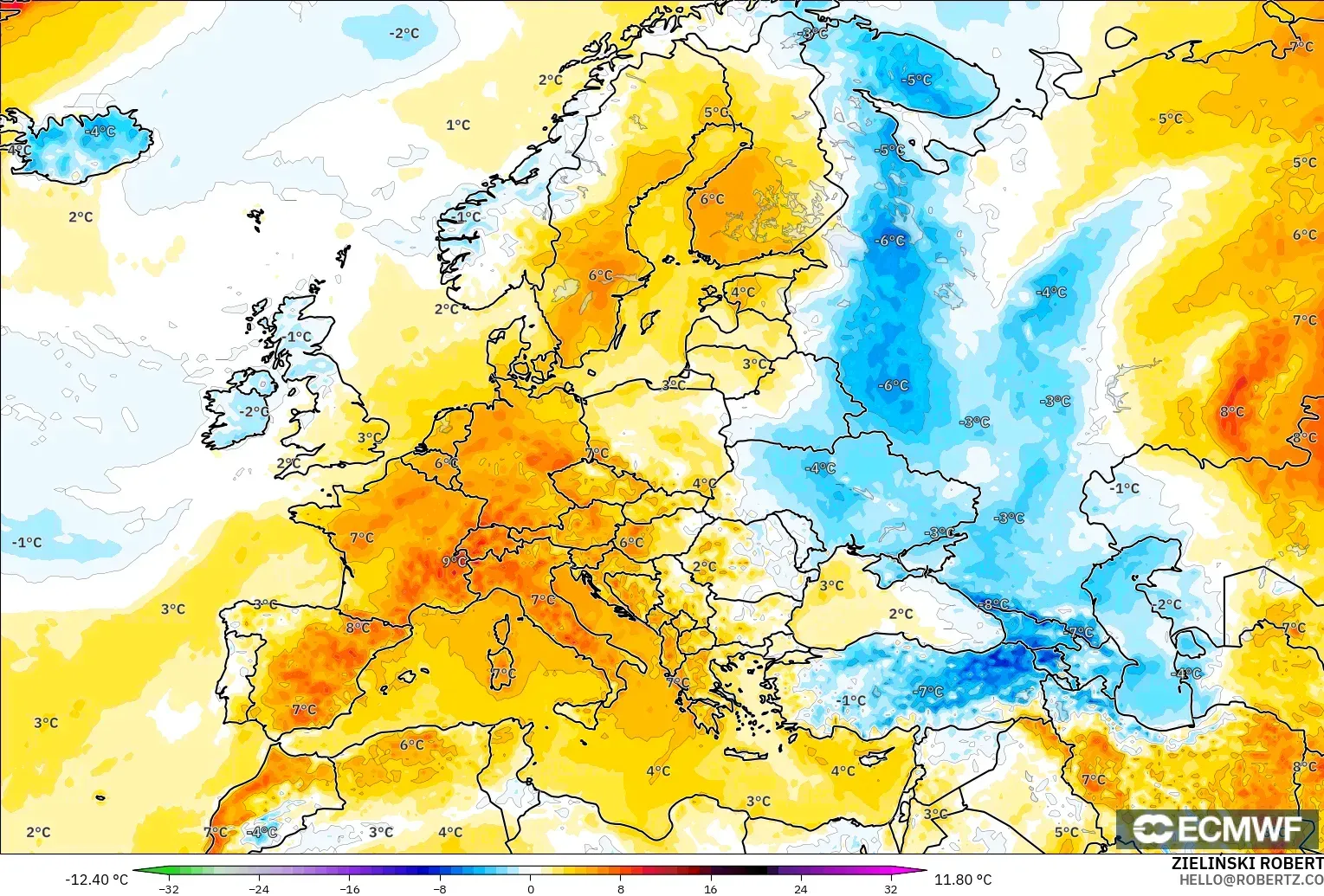 ECMWF IFS 0.25° modelo - Europa, Anomalía de temperatura a 2 m