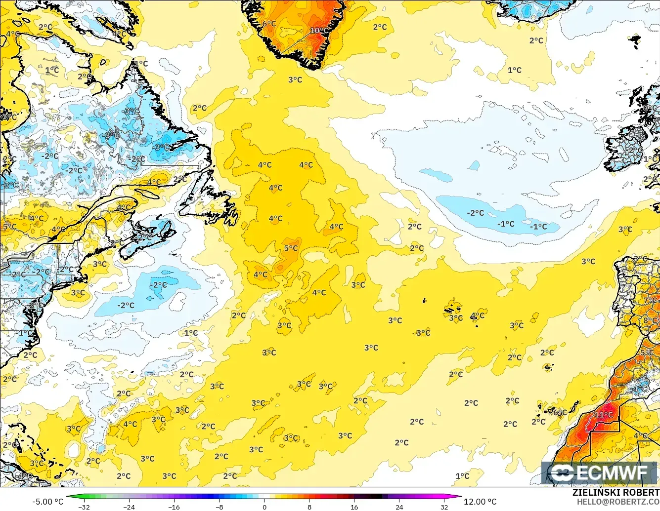 ECMWF IFS 0.25° modelo - Norte Atlántico, Anomalía de temperatura a 2 m