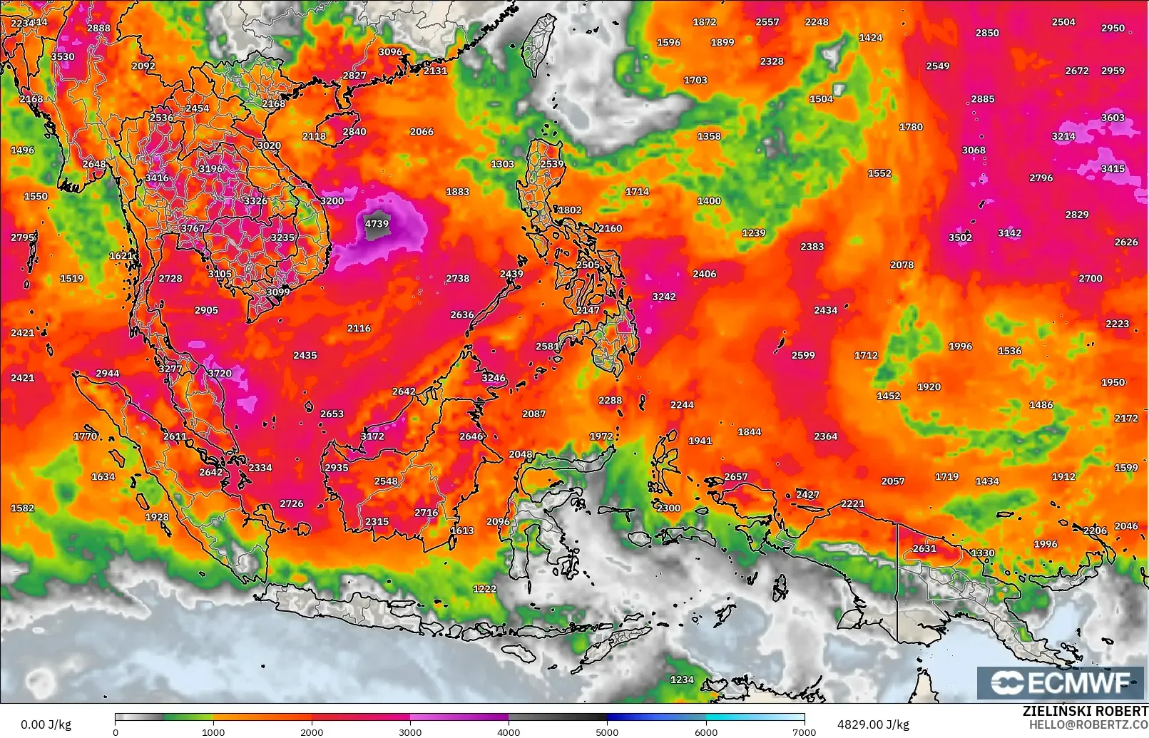 ECMWF IFS 0.25° modelo - Sudeste Asiático, CAPE