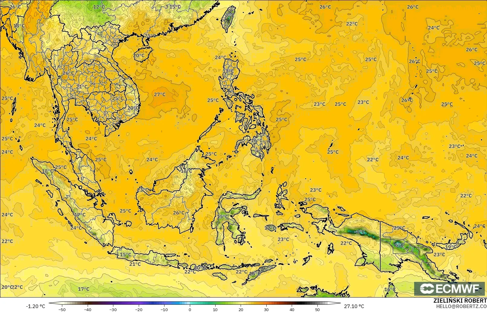 ECMWF IFS 0.25° modelo - Sudeste Asiático, Punto de rocío a 2 m