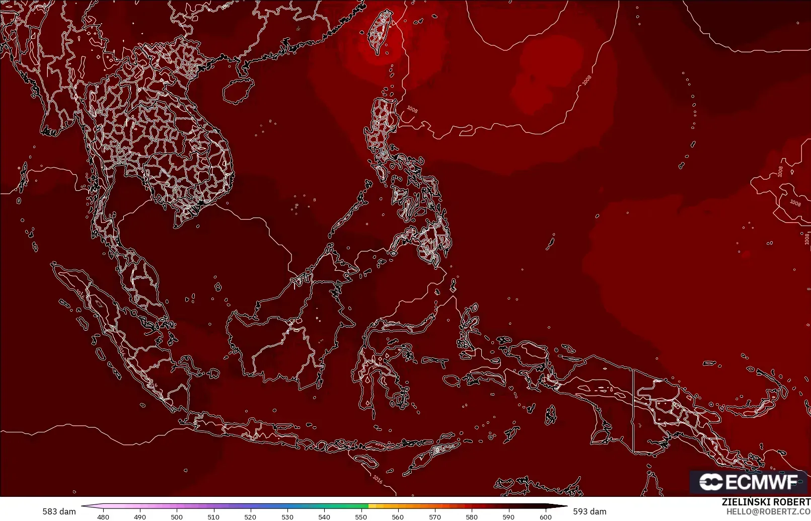ECMWF IFS 0.25° modelo - Sudeste Asiático, Altura geopotencial a 500 hPa