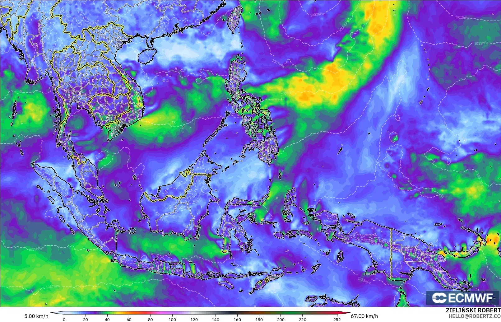 ECMWF IFS 0.25° modelo - Sudeste Asiático, Ráfagas de Viento Máximas