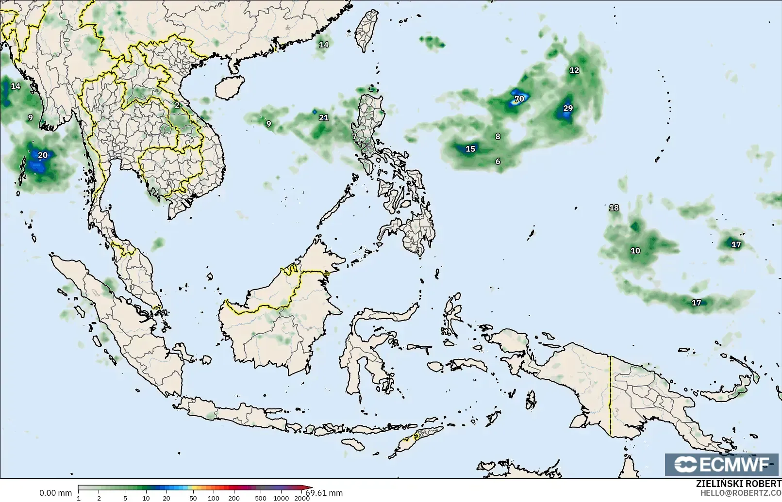 ECMWF IFS 0.25° modelo - Sudeste Asiático, Acumulación de precipitación