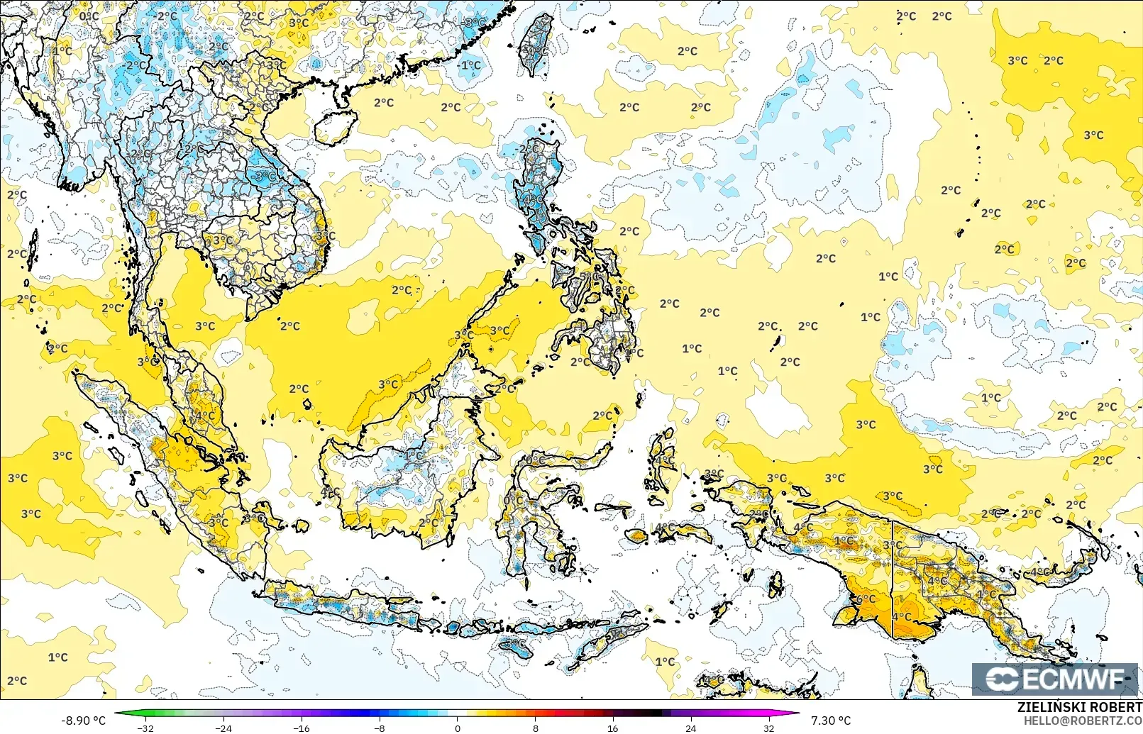 ECMWF IFS 0.25° modelo - Sudeste Asiático, Anomalía de temperatura a 2 m