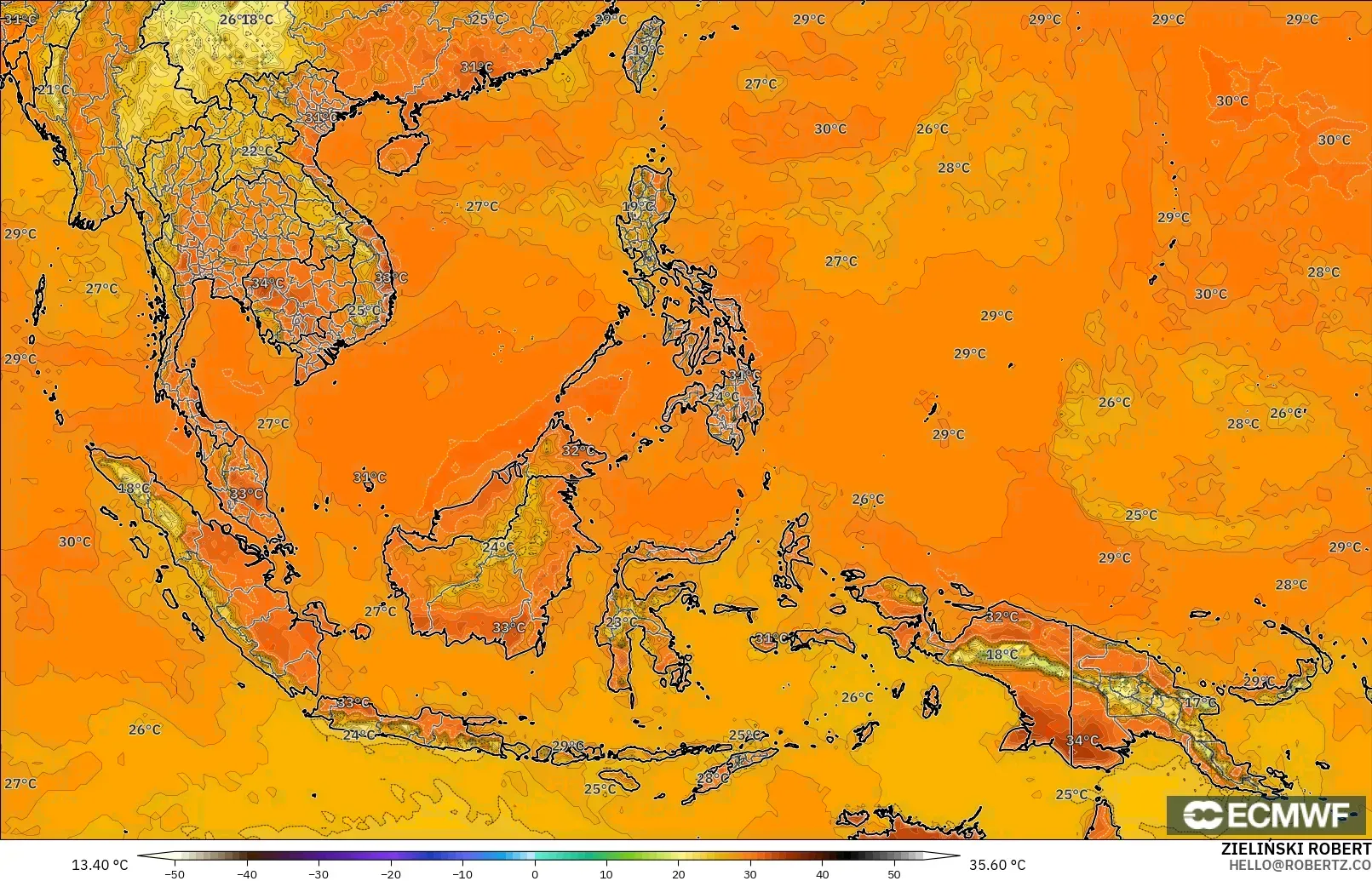 ECMWF IFS 0.25° modelo - Sudeste Asiático, Temperatura a 2 m