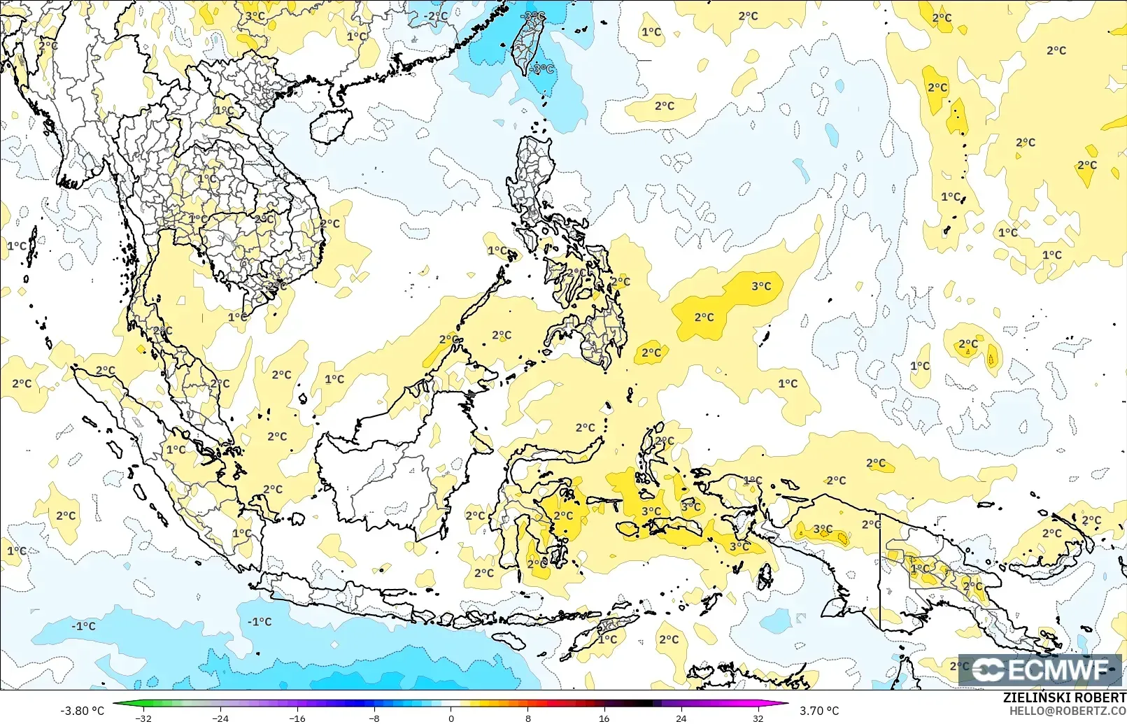 ECMWF IFS 0.25° modelo - Sudeste Asiático, Anomalía de temperatura a 850 hPa