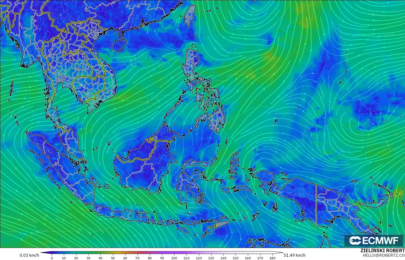 ECMWF IFS 0.25° modelo - Sudeste Asiático, Viento a 10 m