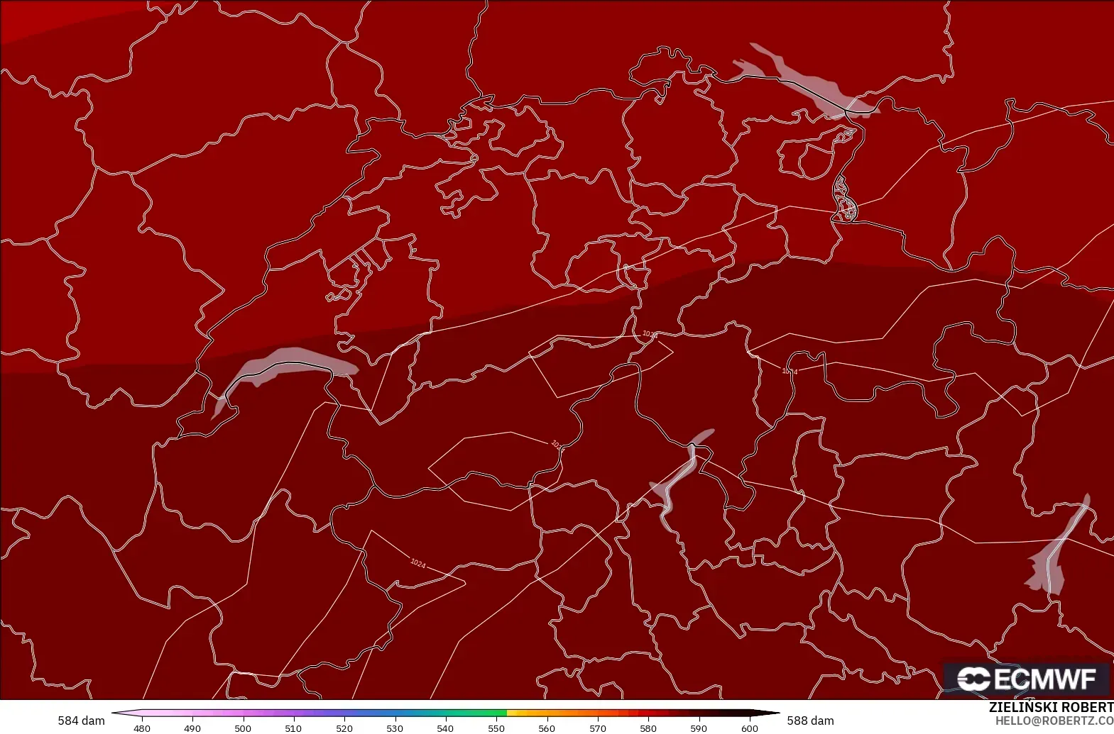 ECMWF IFS 0.25° modelo - Suiza, Altura geopotencial a 500 hPa