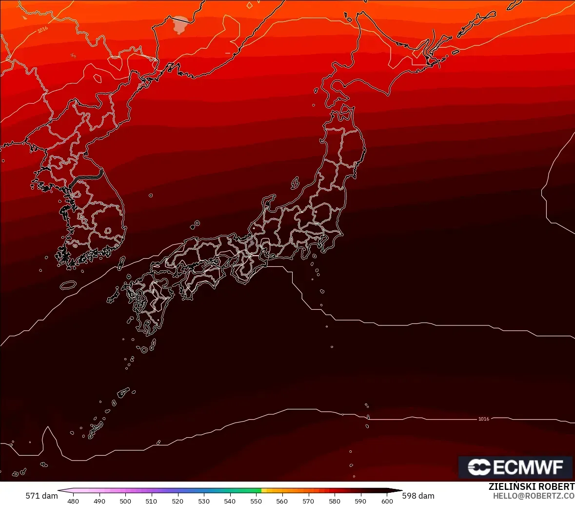 ECMWF IFS 0.25° modelo - Japón, Altura geopotencial a 500 hPa