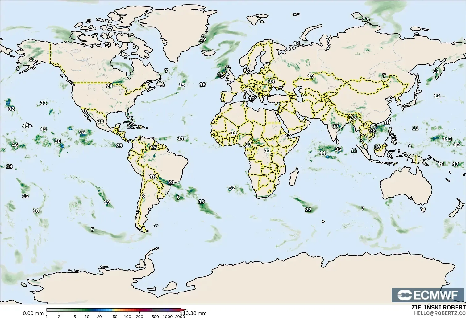ECMWF IFS 0.25° modelo - Mundo, Acumulación de precipitación