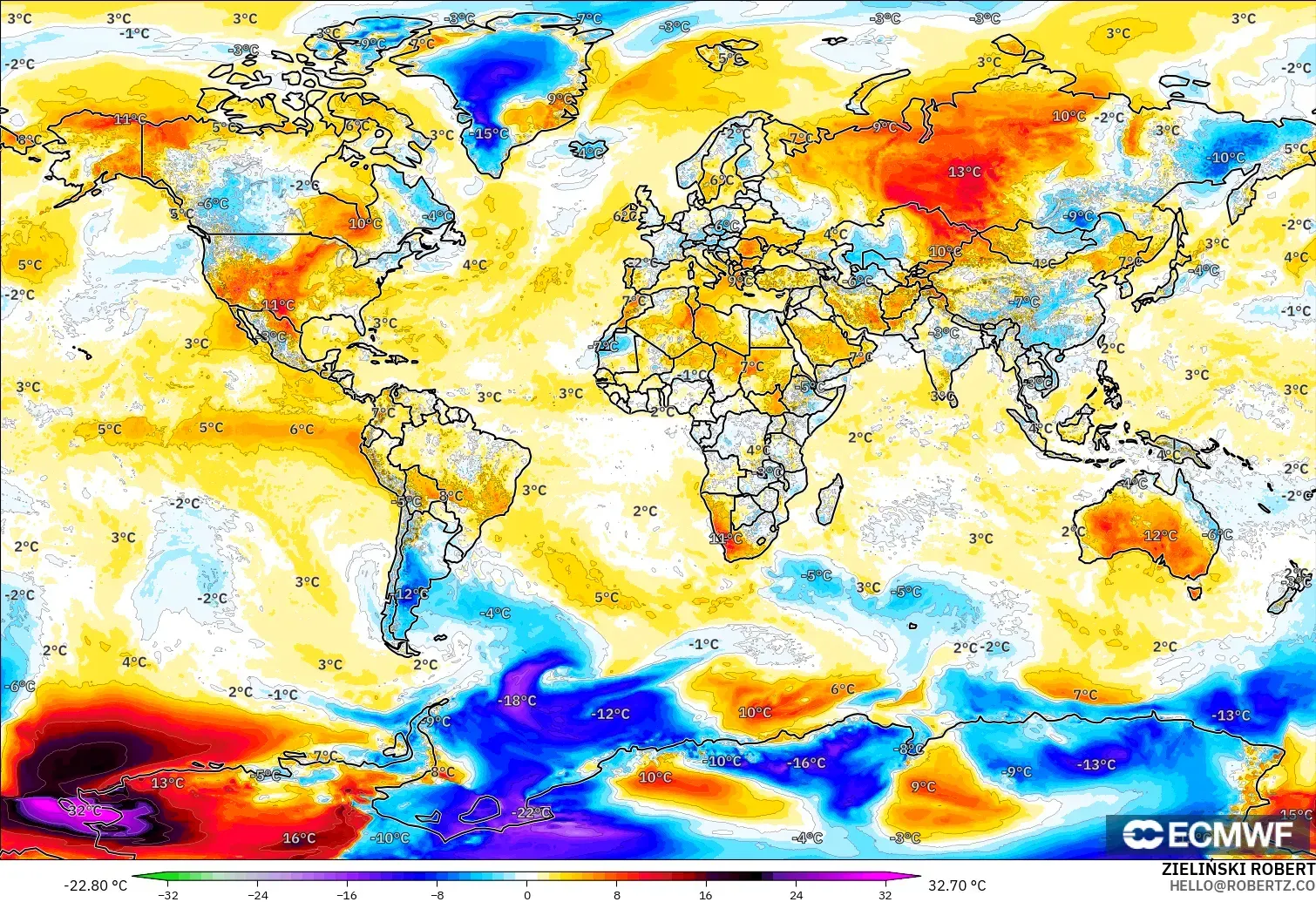 ECMWF IFS 0.25° modelo - Mundo, Anomalía de temperatura a 2 m