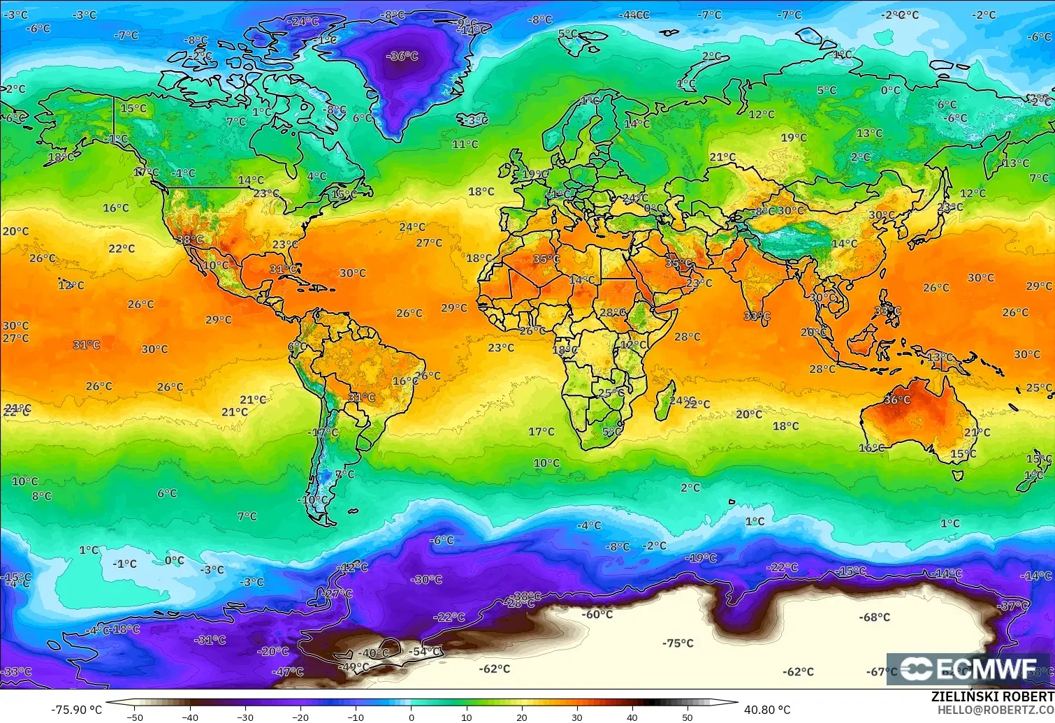 ECMWF IFS 0.25° modelo - Mundo, Temperatura a 2 m