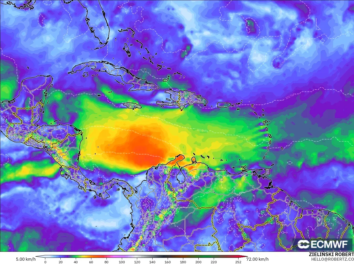 ECMWF IFS 0.25° modelo - Caribe, Ráfagas de Viento Máximas