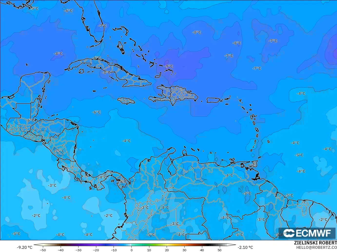 ECMWF IFS 0.25° modelo - Caribe, Temperatura a 500 hPa