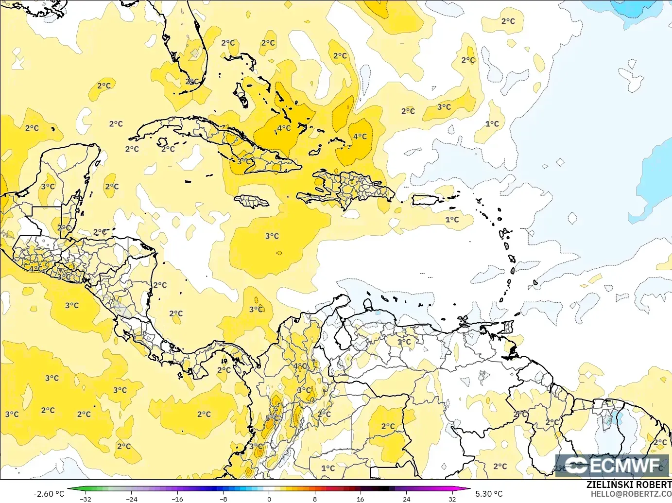 ECMWF IFS 0.25° modelo - Caribe, Anomalía de temperatura a 850 hPa