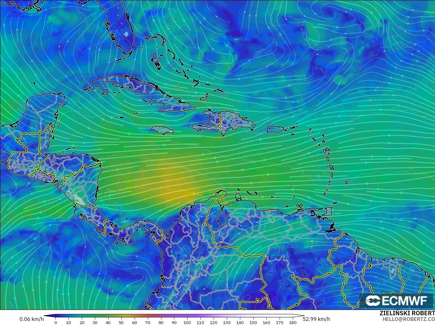 ECMWF IFS 0.25° modelo - Caribe, Viento a 10 m