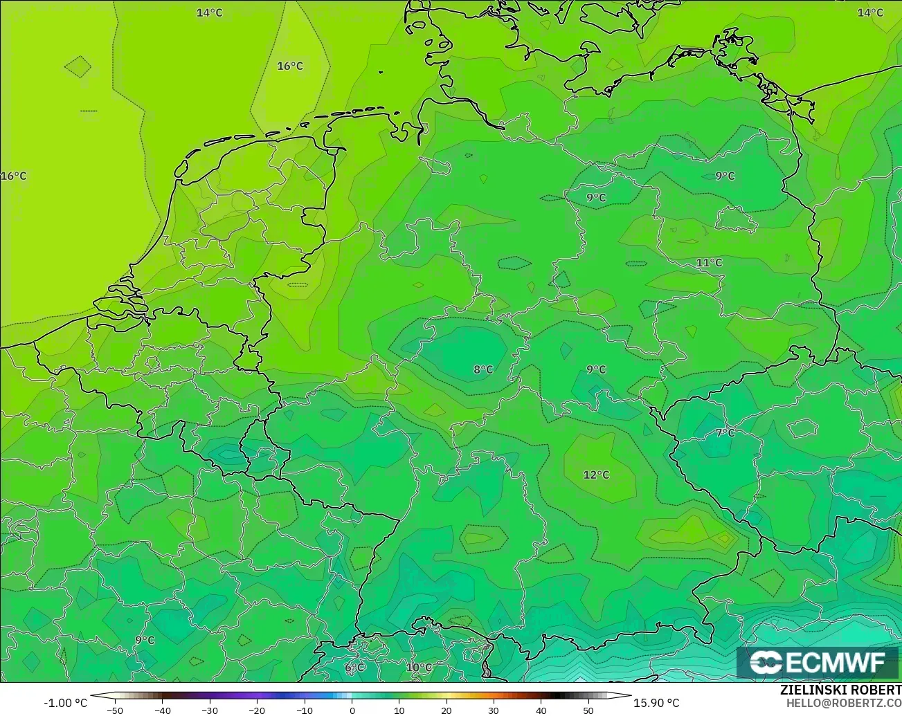 ECMWF IFS 0.25° modelo - Alemania, Punto de rocío a 2 m
