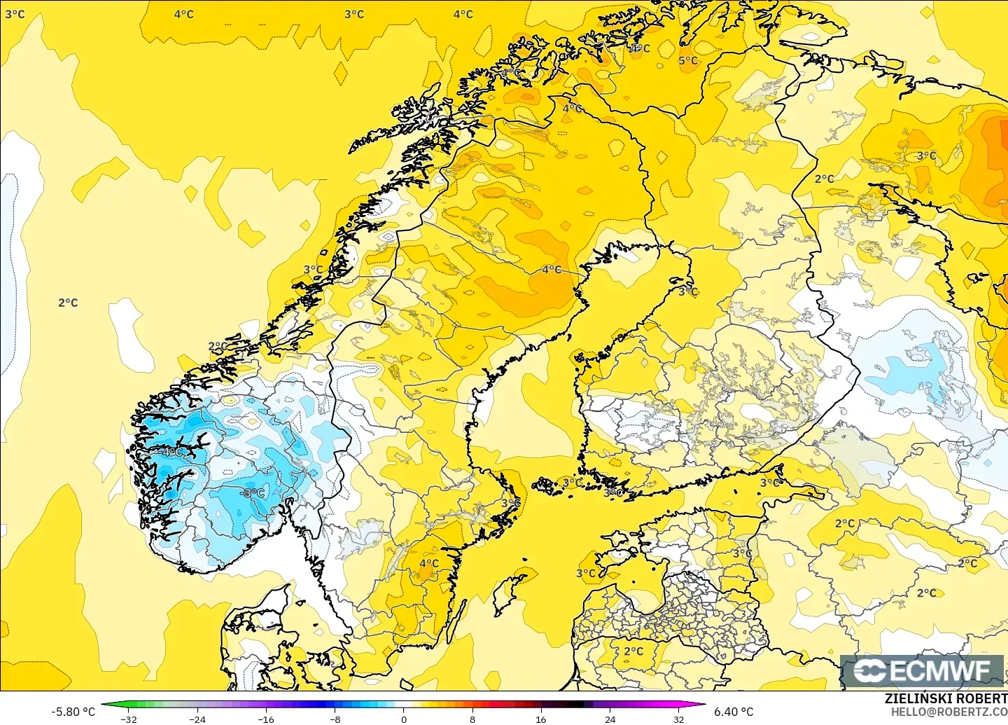 ECMWF IFS 0.25° modelo - Escandinavia, Anomalía de temperatura a 2 m