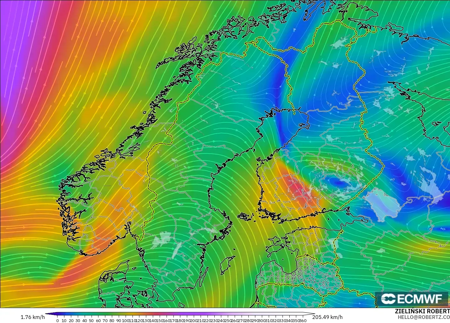 ECMWF IFS 0.25° modelo - Escandinavia, Viento a 300 hPa (corriente en chorro)