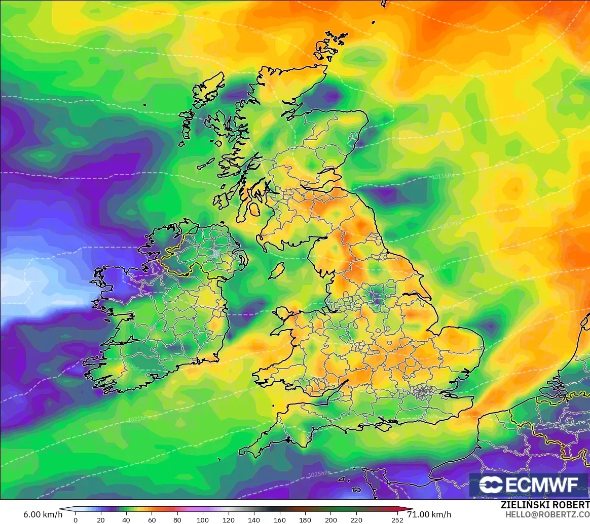 ECMWF IFS 0.25° modelo - Reino Unido, Ráfagas de Viento Máximas