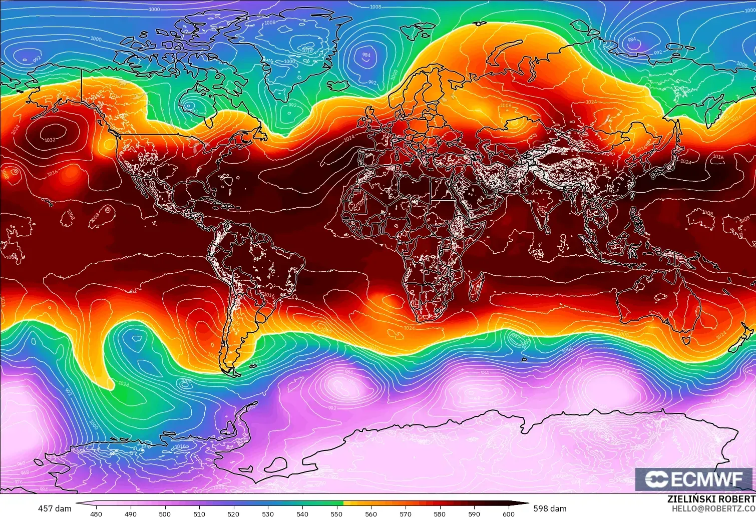 ECMWF IFS 0.25° modelo - Mundo, Altura geopotencial a 500 hPa