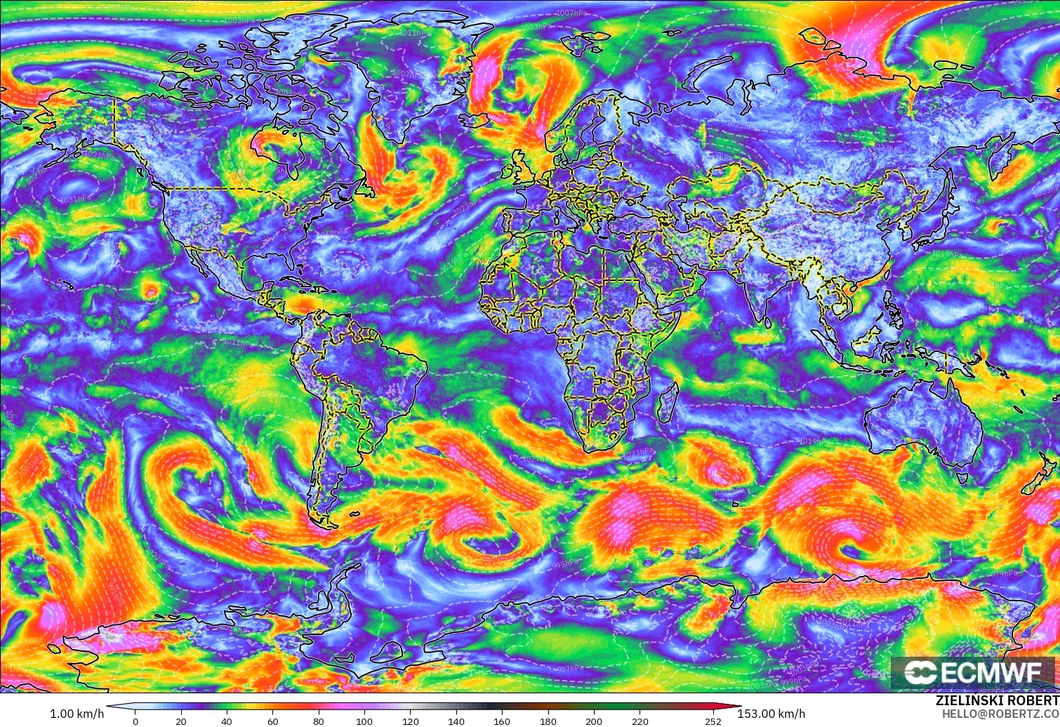 ECMWF IFS 0.25° modelo - Mundo, Ráfagas de viento
