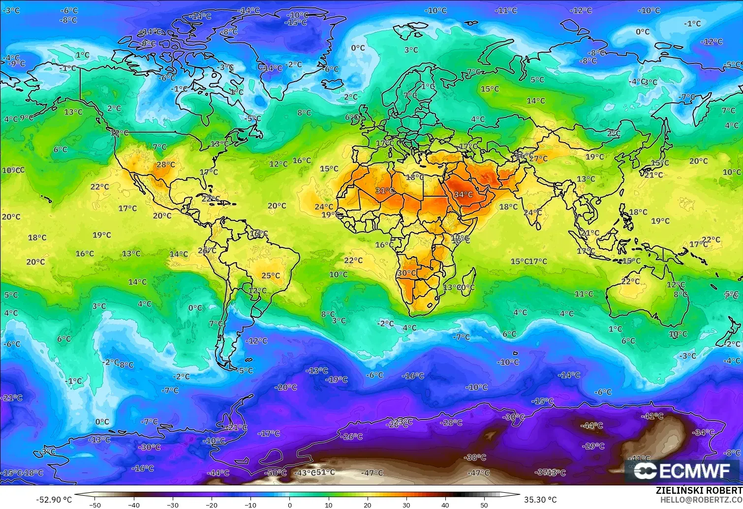 ECMWF IFS 0.25° modelo - Mundo, Temperatura a 850 hPa