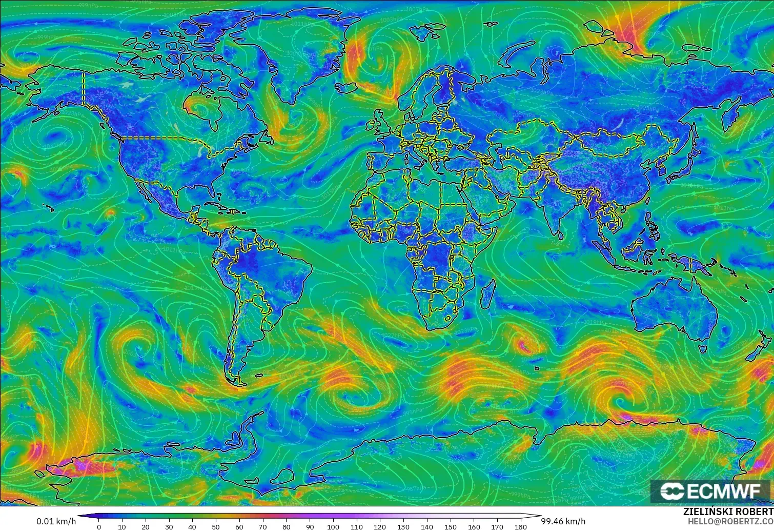 ECMWF IFS 0.25° modelo - Mundo, Viento a 10 m