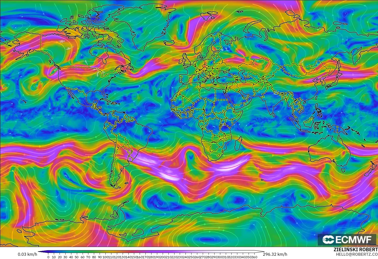 ECMWF IFS 0.25° modelo - Mundo, Viento a 300 hPa (corriente en chorro)