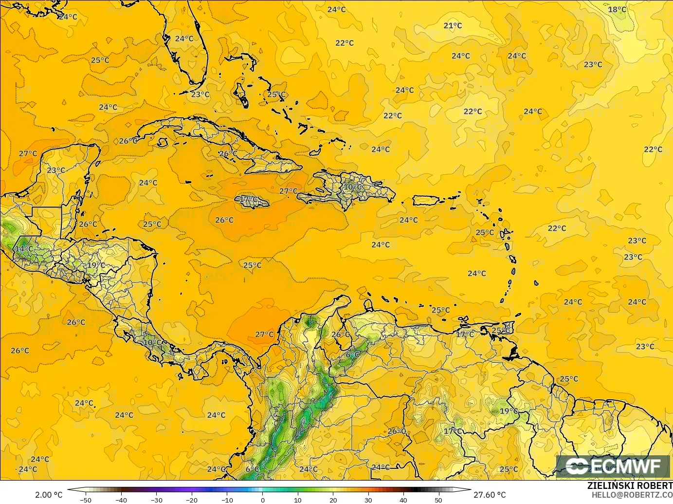 ECMWF IFS 0.25° modelo - Caribe, Punto de rocío a 2 m