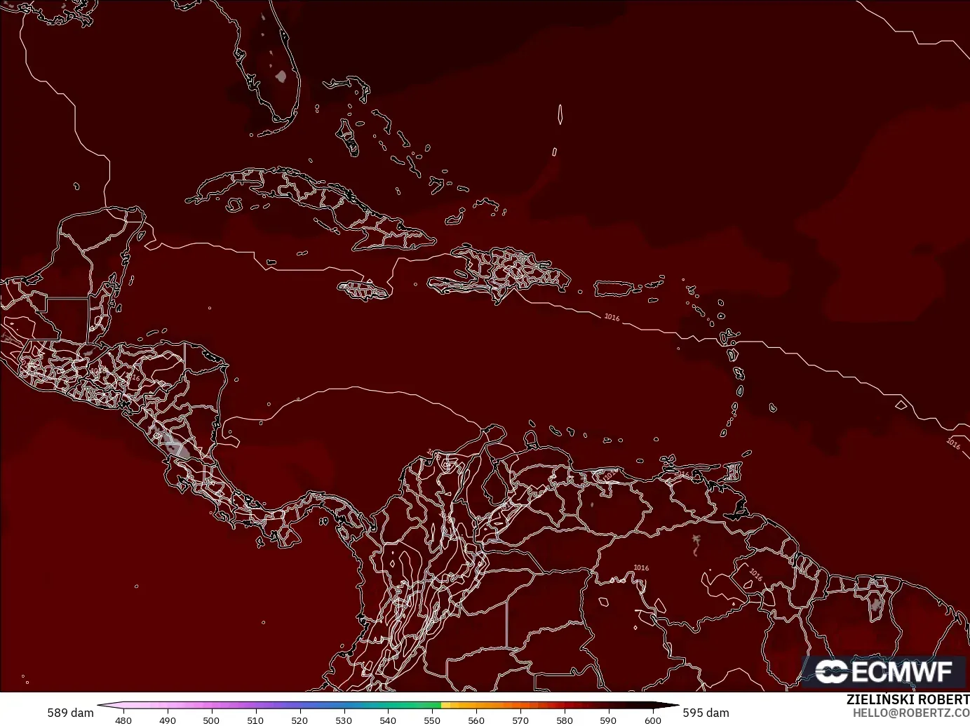 ECMWF IFS 0.25° modelo - Caribe, Altura geopotencial a 500 hPa