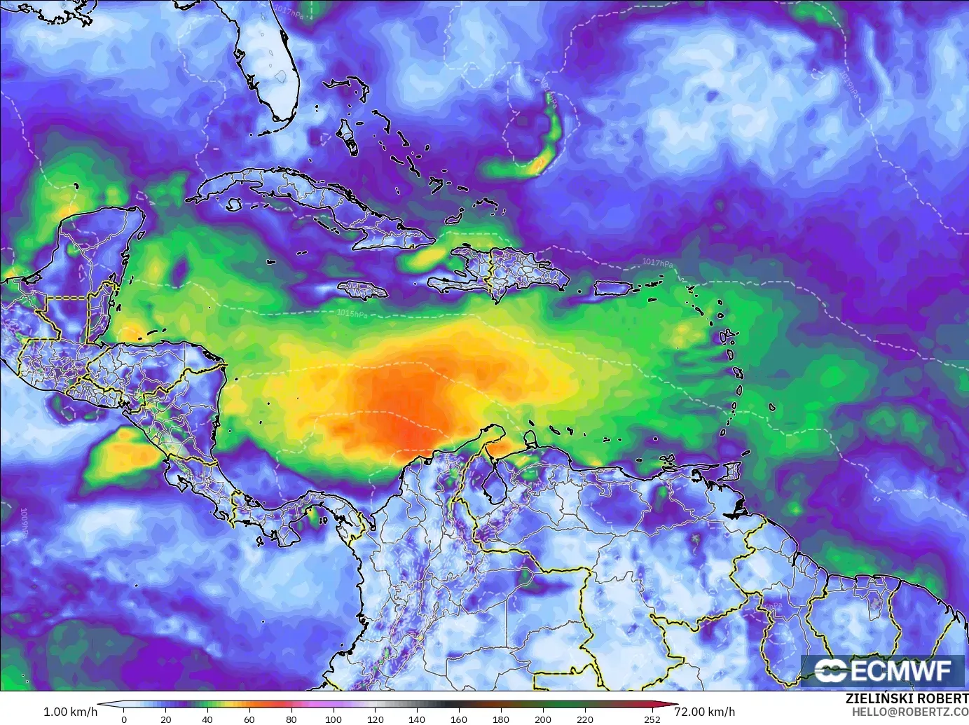 ECMWF IFS 0.25° modelo - Caribe, Ráfagas de viento