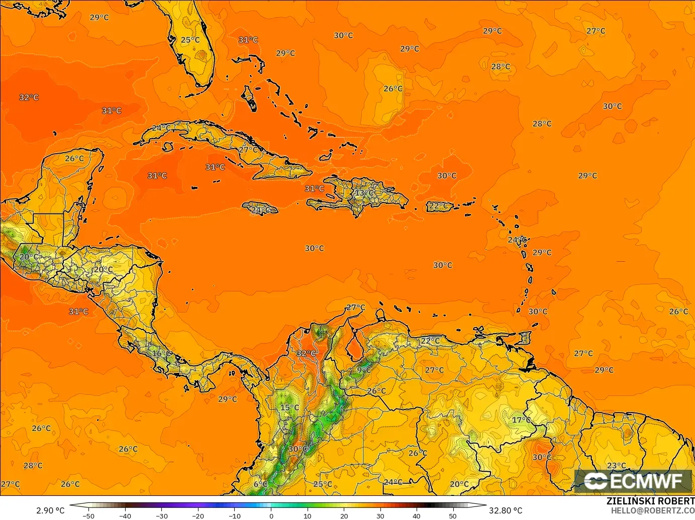 ECMWF IFS 0.25° modelo - Caribe, Temperatura a 2 m