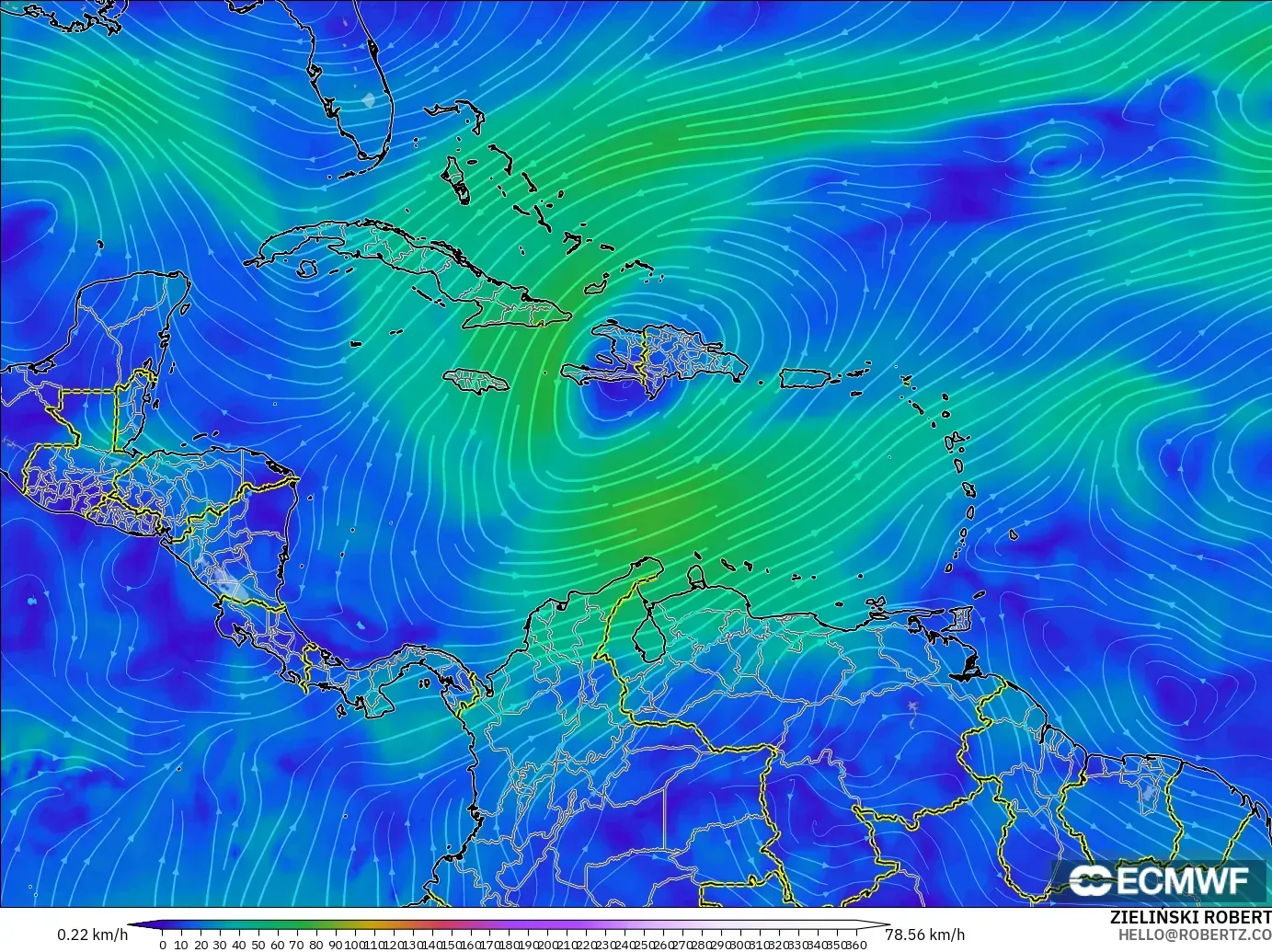 ECMWF IFS 0.25° modelo - Caribe, Viento a 300 hPa (corriente en chorro)