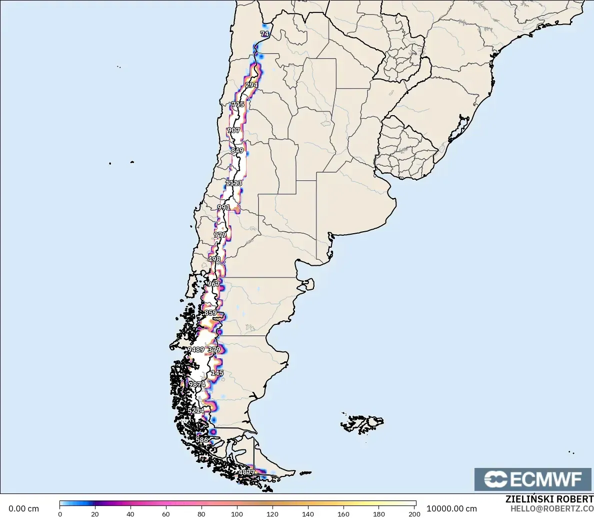 ECMWF IFS 0.25° modelo - Argentina, Profundidad de nieve